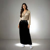 Elegant Fusion Jacket in beige satin with pearl detailing and sequined buttons, perfect for party wear from House of Majisha.
