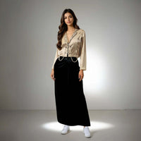 Elegant Fusion Jacket in beige satin with pearl detailing and sequined buttons, perfect for party wear from House of Majisha.