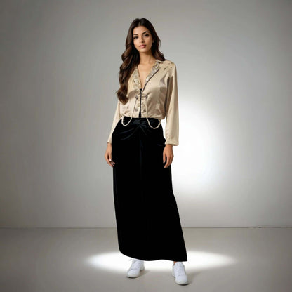 Elegant Fusion Jacket in beige satin with pearl detailing and sequined buttons, perfect for party wear from House of Majisha.