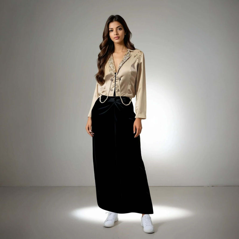 Elegant Fusion Jacket in beige satin with pearl detailing and sequined buttons, perfect for party wear from House of Majisha.