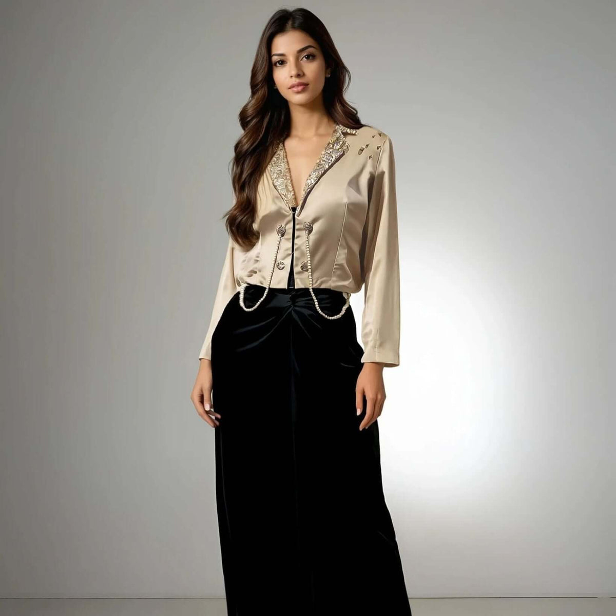 Elegant Fusion Jacket in beige satin with pearl detailing and sequined buttons, perfect for party wear from House of Majisha.