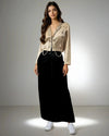 Elegant Fusion Jacket in beige satin with pearl detailing and sequined buttons, perfect for party wear from House of Majisha.