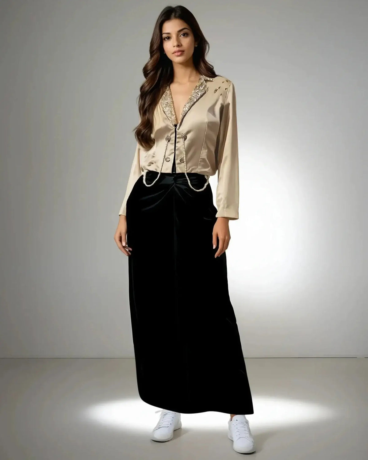 Elegant Fusion Jacket in beige satin with pearl detailing and sequined buttons, perfect for party wear from House of Majisha.