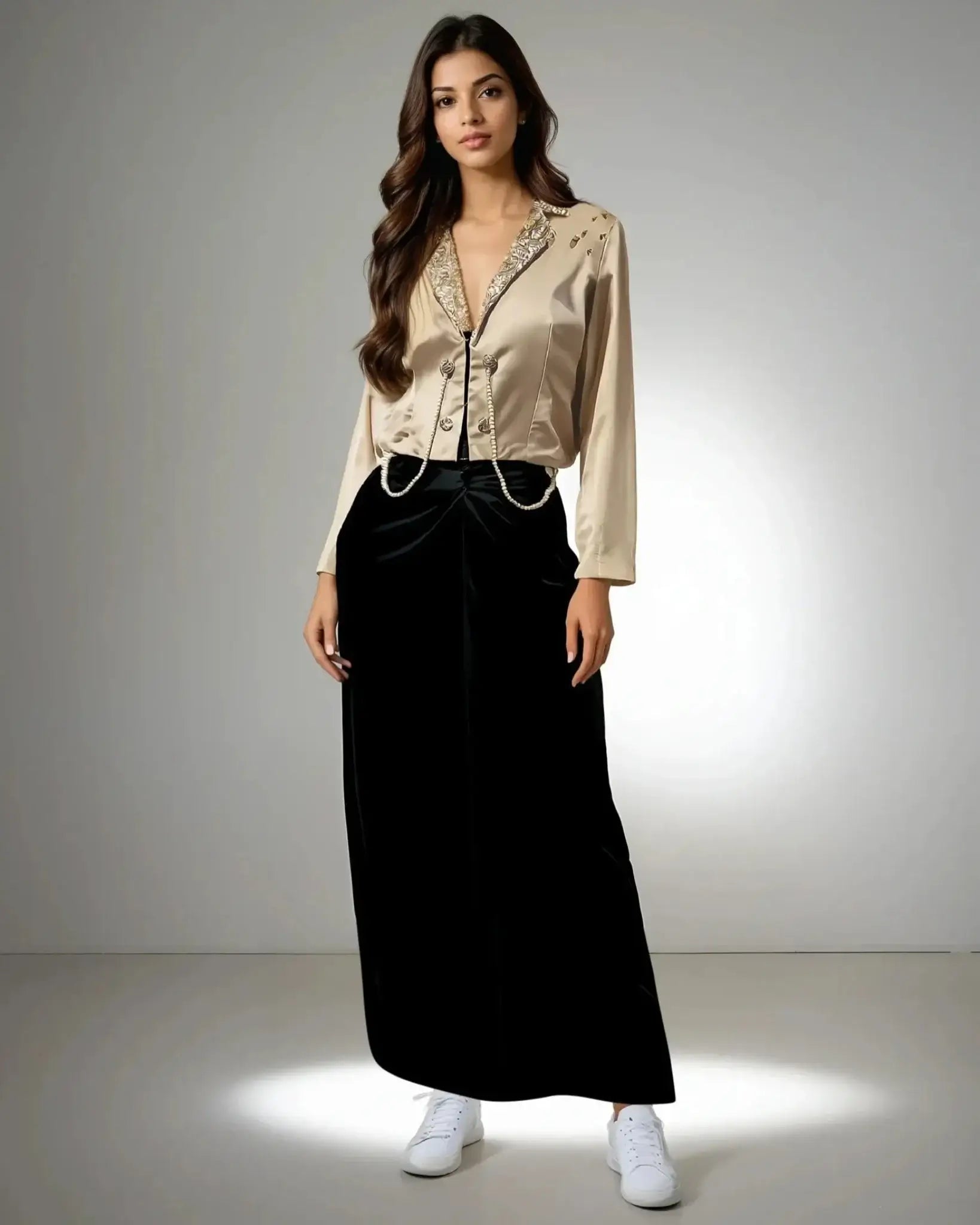 Elegant Fusion Jacket in beige satin with pearl detailing and sequined buttons, perfect for party wear from House of Majisha.