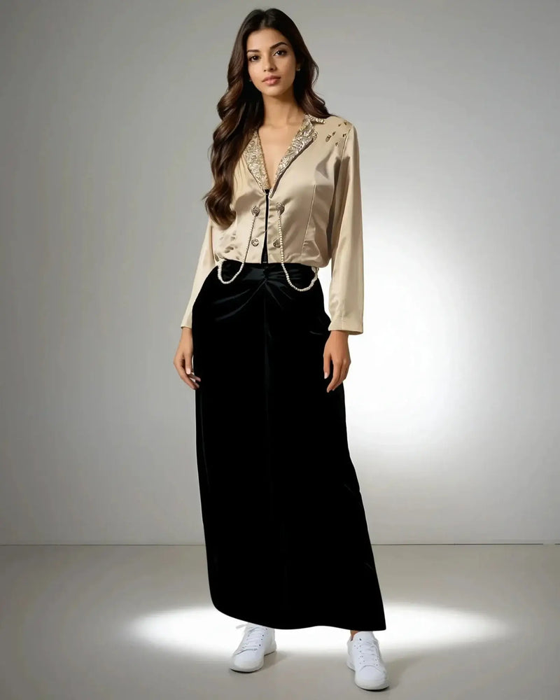 Elegant Fusion Jacket in beige satin with pearl detailing and sequined buttons, perfect for party wear from House of Majisha.