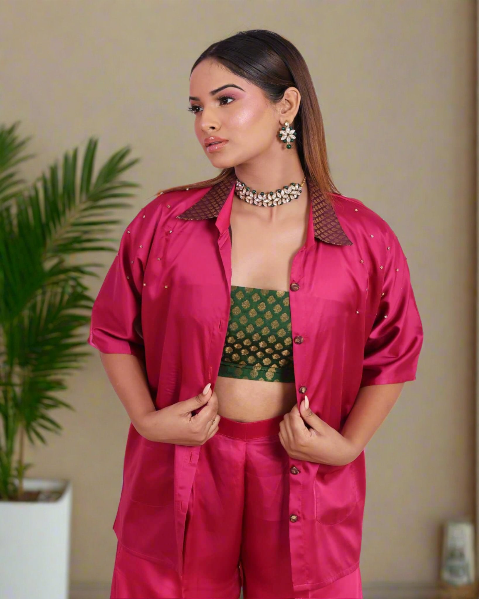 Vibrant Fuchsia Pink Satin Coord Set with Brocade Details for Women's Festive and Party Wear