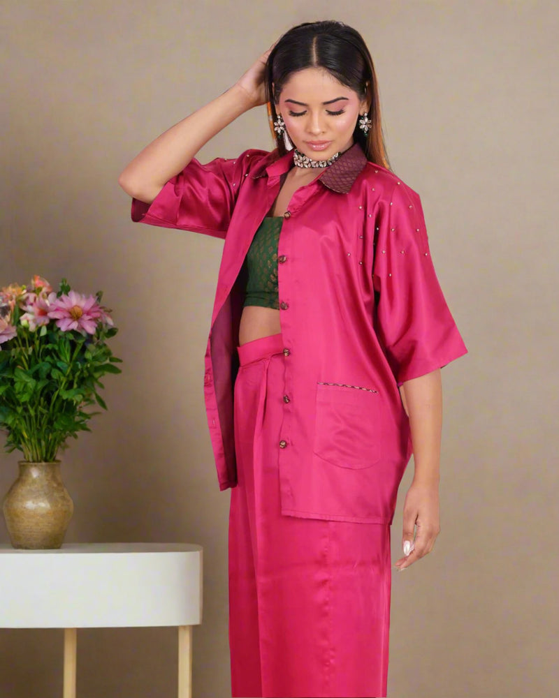 Vibrant fuchsia pink satin coord set with brocade details for women's festive and party wear ensemble.