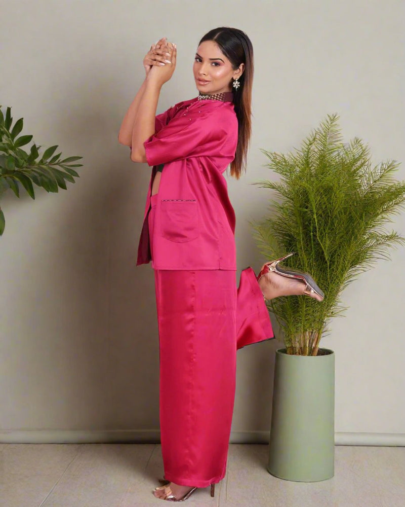 House Of Majisha Fuchsia Pink Satin Coord Set with Brocade Details - Vibrant fuchsia pink satin coord set featuring brocade details, wide-legged pants, and a green brocade crop top, perfect for festive and party wear.