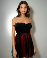 Perfect for parties and celebrations, Glamorous Duo Dress in red and black satin and tulle featuring a stunning tube neckline and tulle detailing from House Of Majisha.