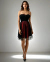 Glamorous Duo Dress in red and black satin and tulle featuring a stunning tube neckline and tulle detailing from House Of Majisha, perfect for parties and celebrations.