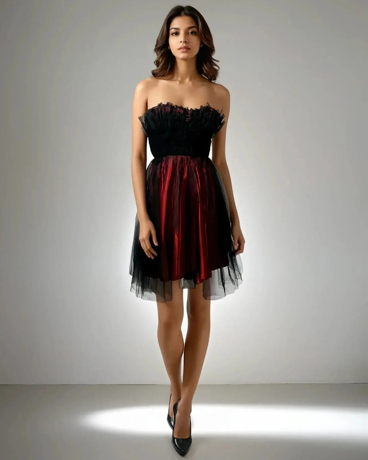 Glamorous Duo Dress in red and black satin and tulle featuring a stunning tube neckline and tulle detailing from House Of Majisha, perfect for parties and celebrations.