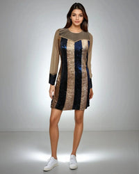 Model showcasing the Glamour Glitter Dress in rose gold and blue sequins from House Of Majisha, featuring net detailing on the neckline, perfect for parties and clubbing.