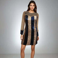 Model showcasing the Glamour Glitter Dress in rose gold and blue sequins from House Of Majisha, featuring net detailing on the neckline, perfect for parties and clubbing.