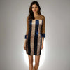 Model showcasing the Glamour Glitter Dress in rose gold and blue sequins from House Of Majisha, featuring net detailing on the neckline, perfect for parties and clubbing.