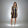 Model showcasing the Glamour Glitter Dress in rose gold and blue sequins from House Of Majisha, featuring net detailing on the neckline, perfect for parties and clubbing.