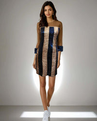Model showcasing the Glamour Glitter Dress in rose gold and blue sequins from House Of Majisha, featuring net detailing on the neckline, perfect for parties and clubbing.