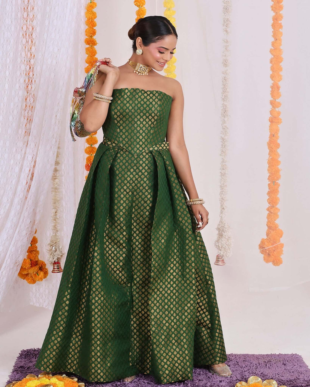 Exquisite Gold Brocade Crop Vest and Skirt Set - Regal maroon and gold brocade ensemble for women's festive wear