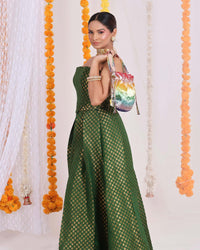 Exquisite Gold Brocade Crop Vest and Skirt Set - Regal maroon and gold brocade ensemble for women, perfect for festive occasions.