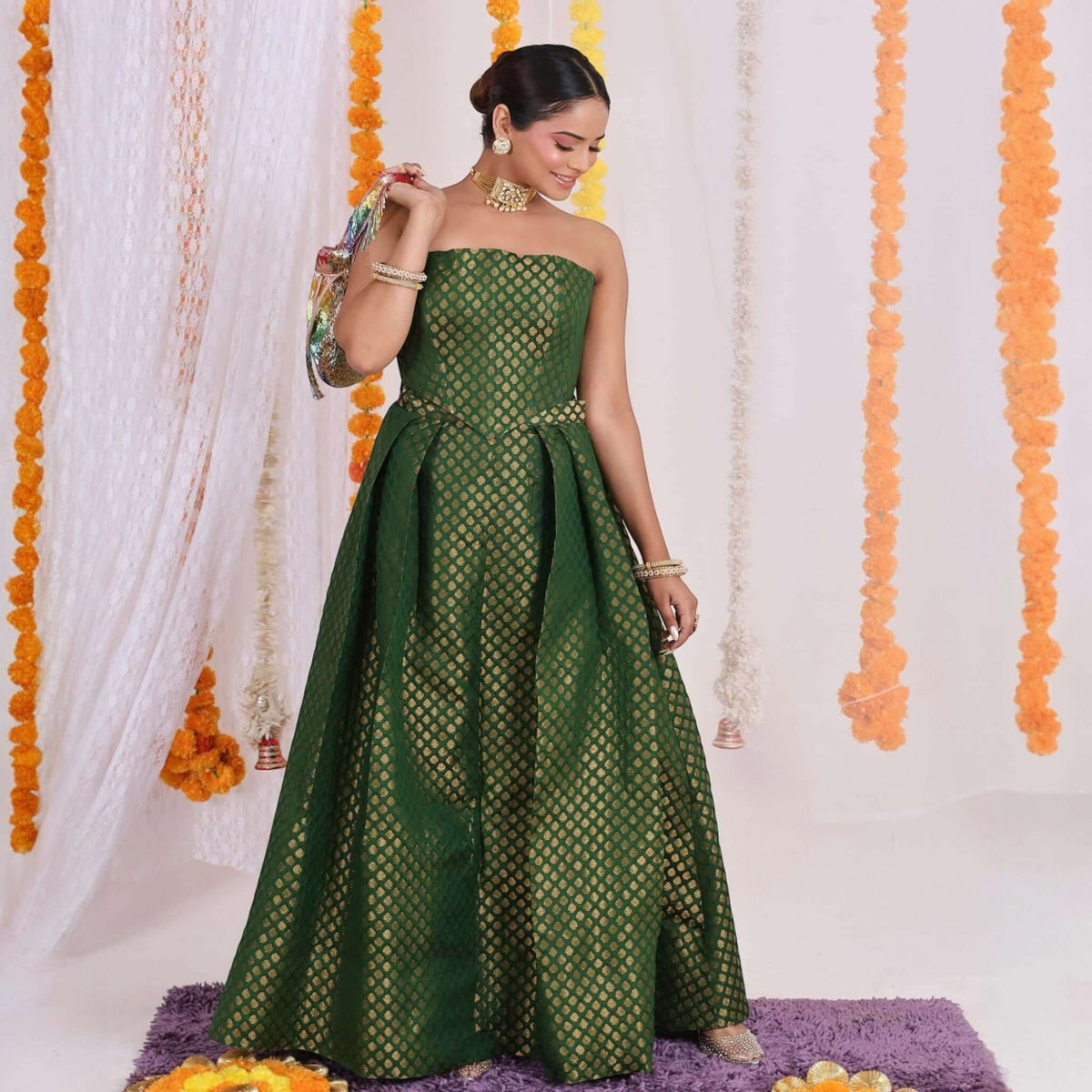 Exquisite Gold Brocade Crop Vest and Skirt Set - Regal maroon and gold brocade ensemble for women's festive wear