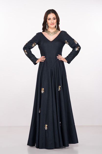 Navy Blue Silk Partywear Gown