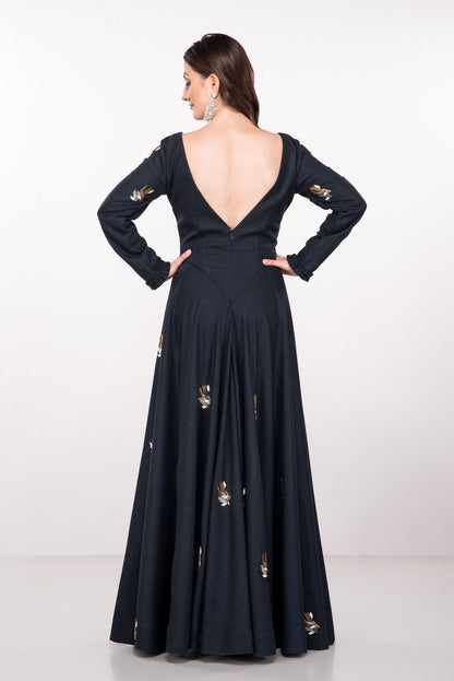 Navy Blue Silk Partywear Gown
