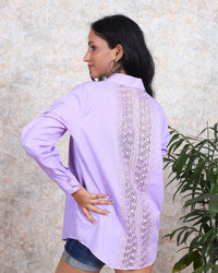 Woman wearing House Of Majisha purple cotton shirt with lace detail, trendy and casual summer fashion for ladies.