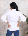 Women’s white cotton shirt from House Of Majisha, trendy and casual, perfect for summer fashion, back view model.