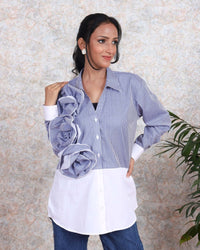 Woman wearing House Of Majisha stripe cotton shirt with ruffled sleeves, trendy casual summer fashion for ladies