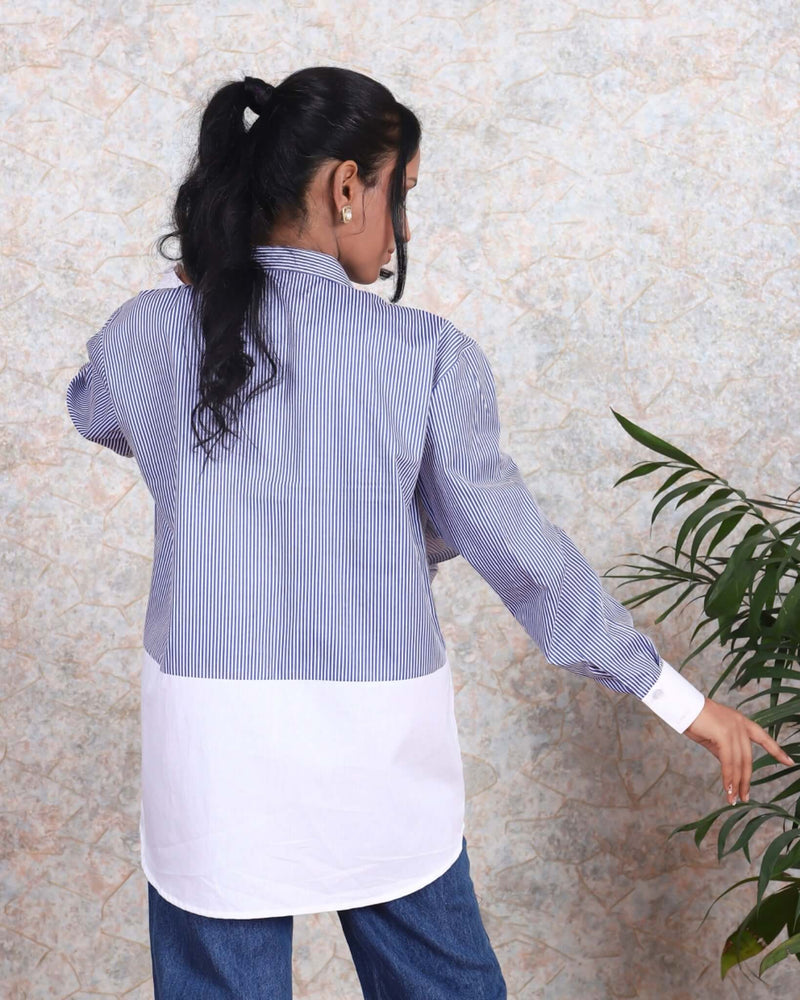 Woman wearing House Of Majisha trendy fashion cotton stripe shirt with ruffled sleeves, ideal for casual summer style.