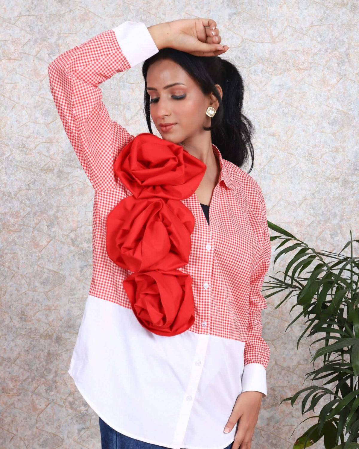 Women wearing House Of Majisha red stripe cotton shirt with ruffle sleeves, showcasing trendy summer fashion and casual elegance