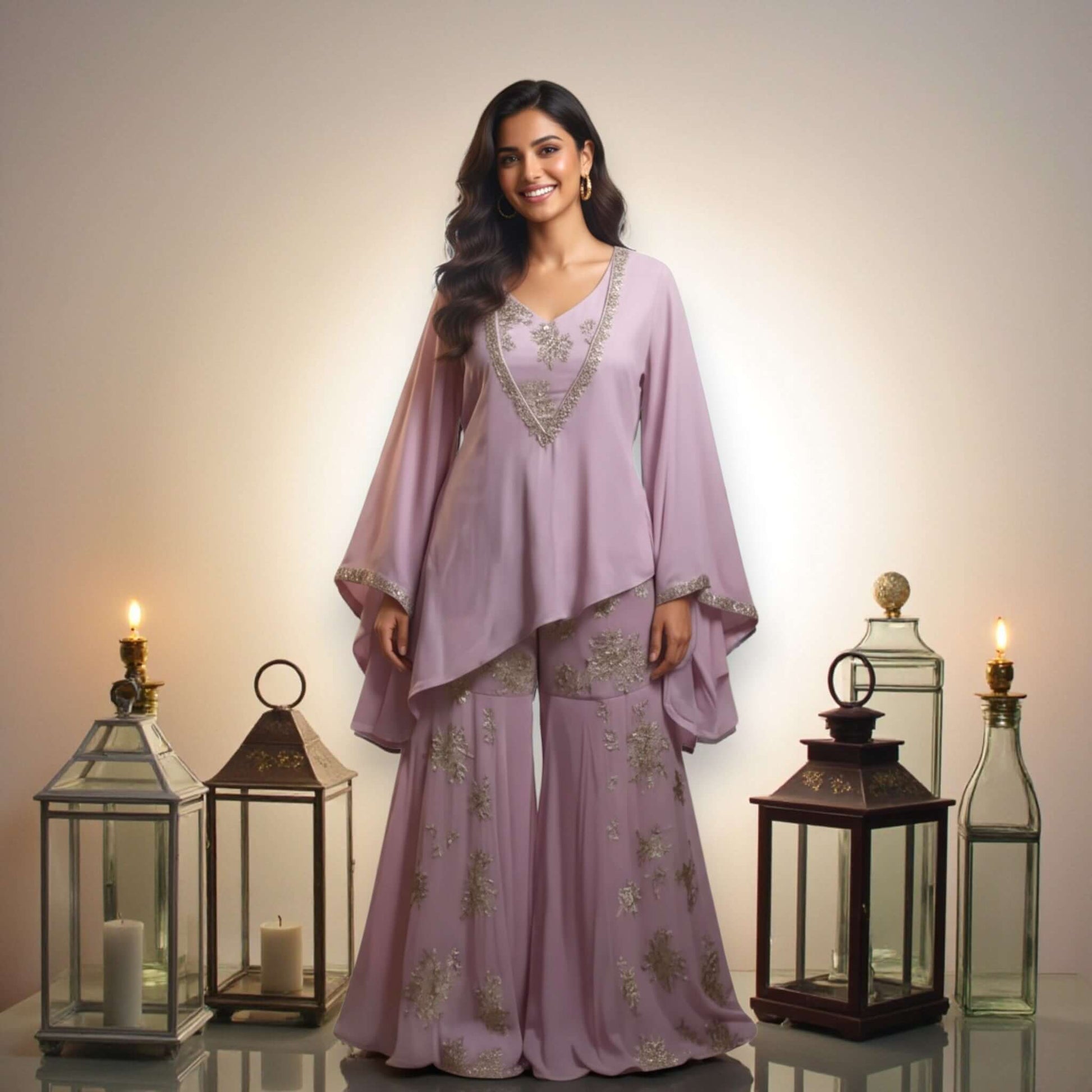Indian model wearing a lavender Chanderi georgette embroidered kurta with flared pants, styled by House of Majisha, surrounded by lanterns.