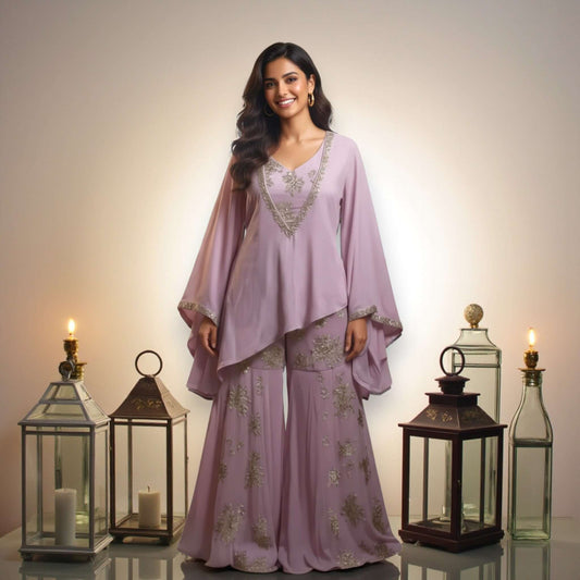 Indian model wearing a lavender Chanderi georgette embroidered kurta with flared pants, styled by House of Majisha, surrounded by lanterns.