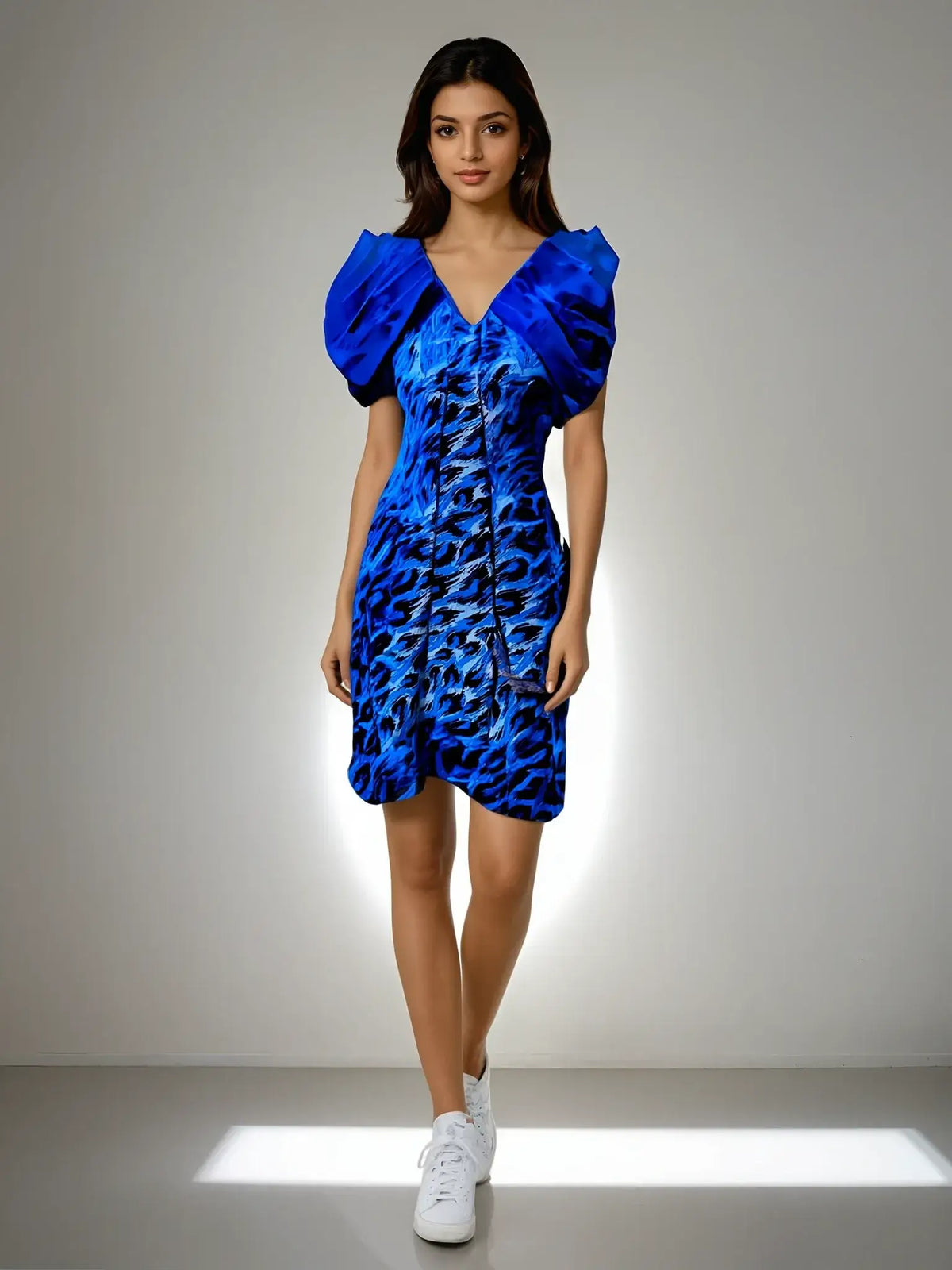 Model showcasing the Maya Subtle Serenity Dress in blue and purple with organza sleeve detailing from House Of Majisha, perfect for brunch and casual outings.
