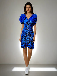 Model showcasing the Maya Subtle Serenity Dress in blue and purple with organza sleeve detailing from House Of Majisha, perfect for brunch and casual outings.