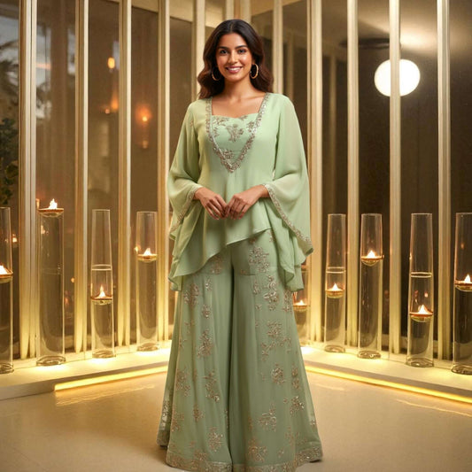 Model wearing the Meadow Glow Chanderi Georgette Set in soft green with silver embroidery and flared pants, styled by House of Majisha against a candlelit backdrop.