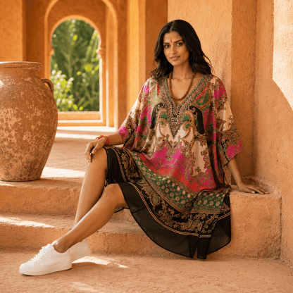 Woman in a house of majisha Kaftan sitting on steps in a warm-toned architectural setting