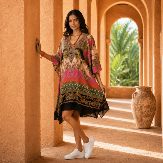 Woman in a colorful kaftan from house of majisha standing in an arched passageway with palm trees in the background