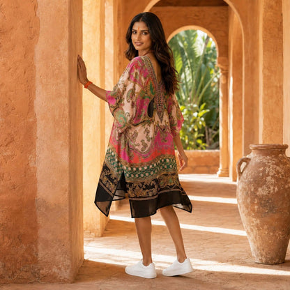 Woman in a colorful kaftan from house of majisha standing in an arched passageway with palm trees in the background