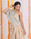 Grey Brocade Top with Golden Satin Dhoti - Elegant one-shoulder brocade top paired with flowy satin dhoti for a modern Indo-Western look.