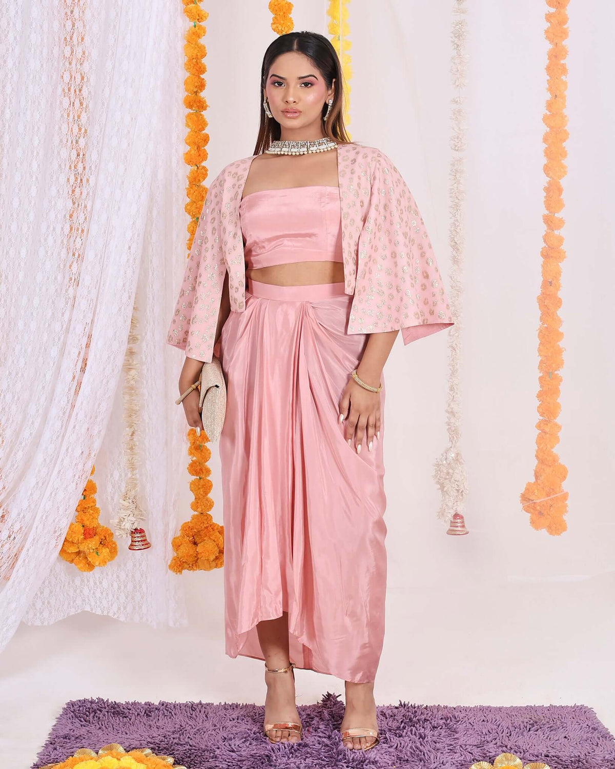 Stylish Pink Banarasi Georgette Coord Set with Gold Motifs - Perfect blend of modern and traditional elements for festive occasions.