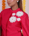 Stylish pink floral patch jacket and white pants set for women, perfect for festive occasions and elegant gatherings.