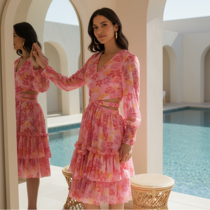Indian model wearing a pink floral V-neck long sleeve tiered midi dress with waist cut outs beside a pool, styled by House of Majisha in a sunlit villa.
