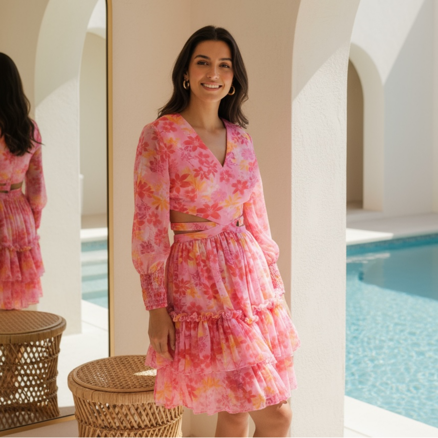 Indian model wearing a pink floral V-neck long sleeve tiered midi dress with waist cut outs beside a pool, styled by House of Majisha in a sunlit villa.