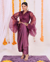 Stunning purple organza wrap top and satin dhoti set for women, featuring a modern fusion of traditional elegance, perfect for festive and party wear.
