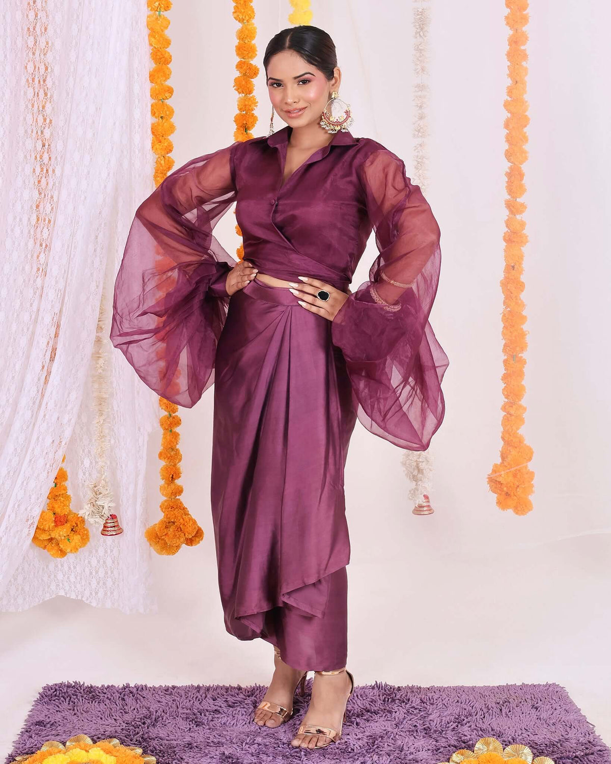 Stunning purple organza wrap top and satin dhoti set for women, featuring a modern fusion of traditional elegance, perfect for festive and party wear.