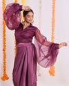 Stunning purple organza wrap top and satin dhoti set for women, perfect for festive and party wear, featuring a modern fusion style with traditional Indian elements.
