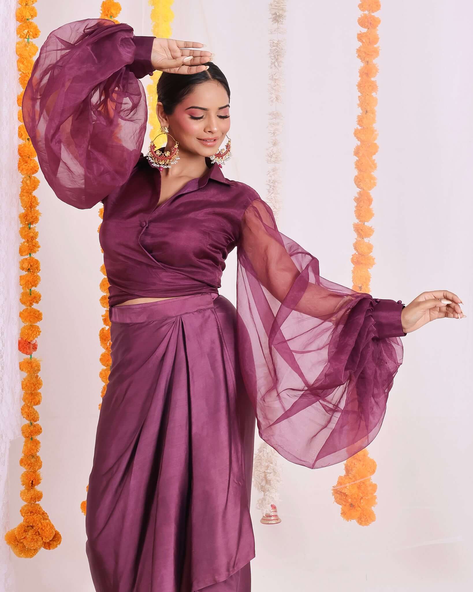 Stunning purple organza wrap top and satin dhoti set for women, perfect for festive and party wear, featuring a modern fusion style with traditional Indian elements.
