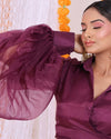 Stunning purple organza wrap top and satin dhoti set for women, featuring a modern fusion of traditional elegance with a luxurious feel.