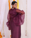 Stunning purple organza wrap top and satin dhoti set for women - a modern fusion of traditional elegance and contemporary style.