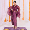 Stunning purple organza wrap top and satin dhoti set for women, featuring a modern fusion of traditional elegance, perfect for festive and party wear.